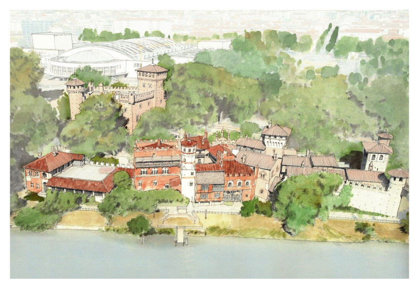 Vista complessiva del Borgo Medievale: sullo sfondo il complesso di Torino Esposizioni, nuova sede della biblioteca Civica e il Teatro Nuovo