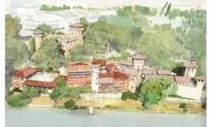 Vista complessiva del Borgo Medievale: sullo sfondo il complesso di Torino Esposizioni, nuova sede della biblioteca Civica e il Teatro Nuovo